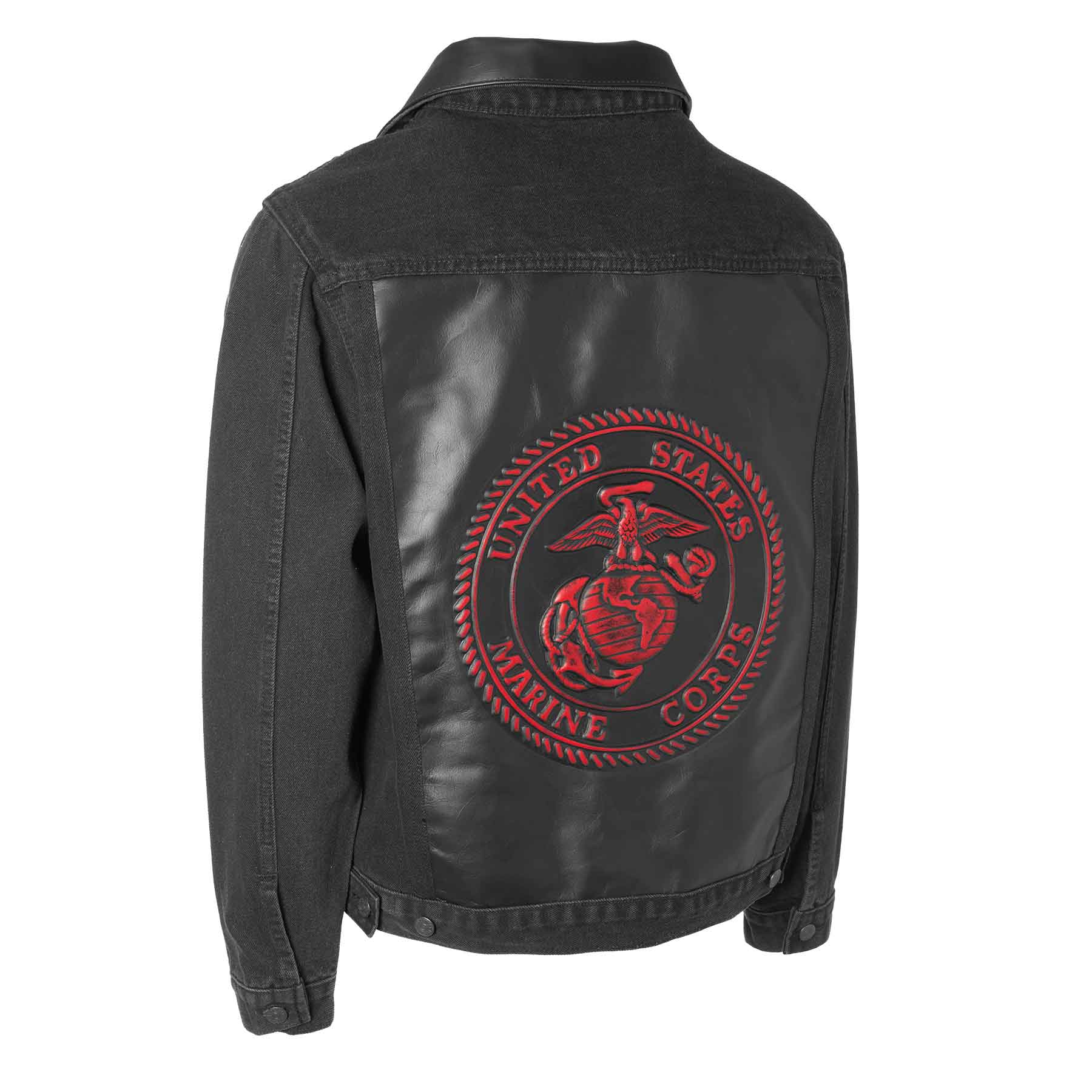 Embossed Black Denim Leather Jacket - Image 11