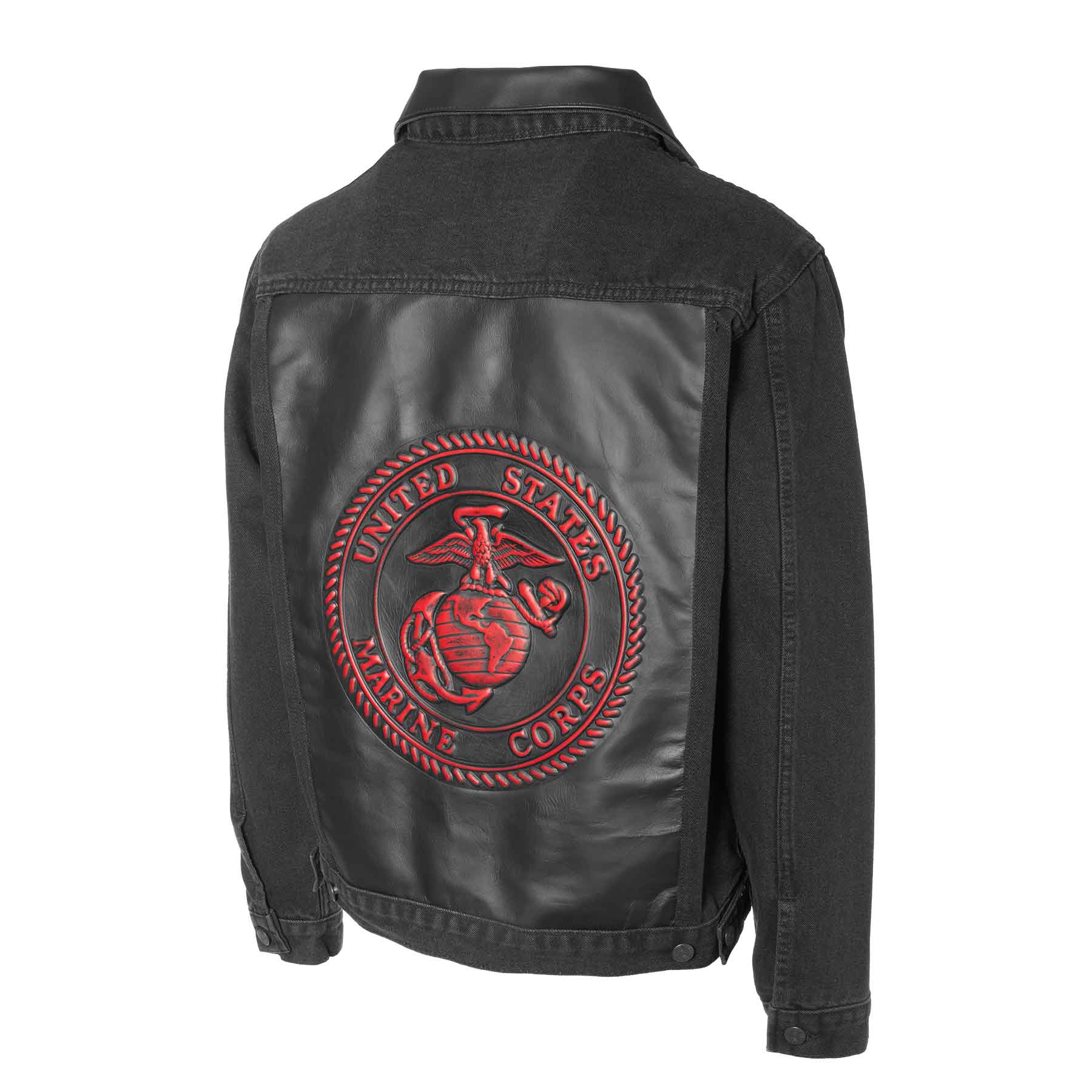 Embossed Black Denim Leather Jacket - Image 7