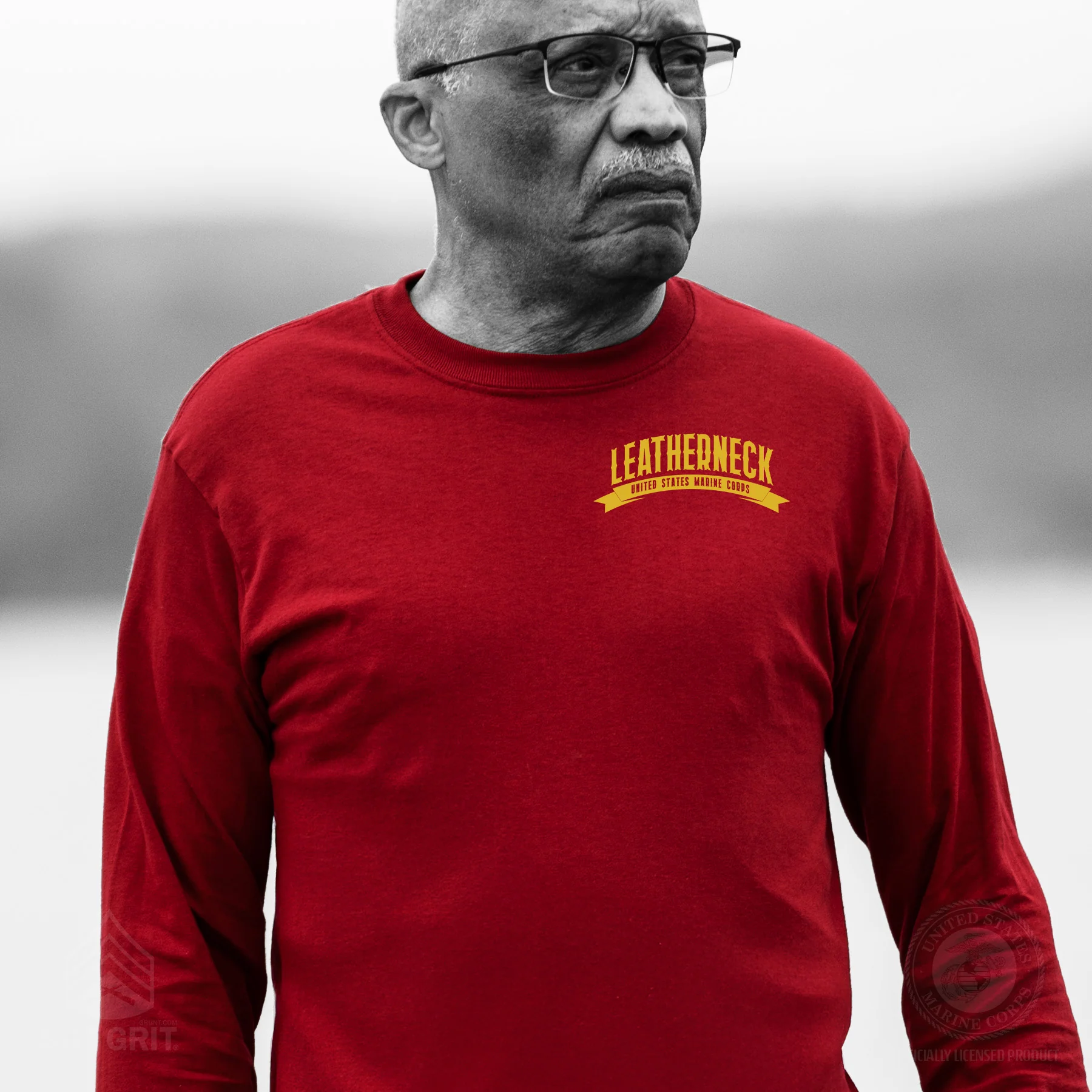 USMC Leatherneck Left Chest Long Sleeve Shirt- Red - Image 2