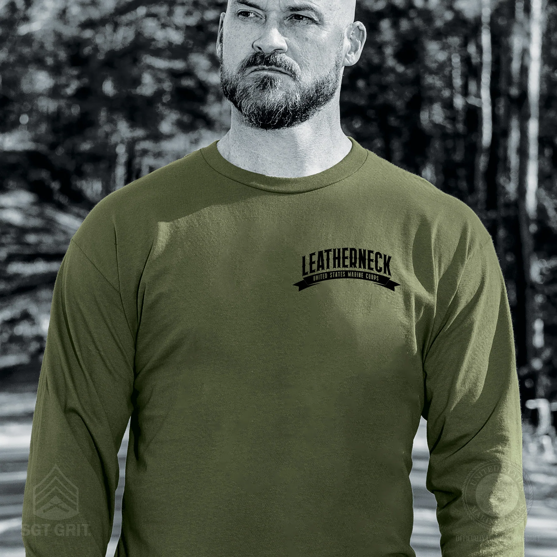 USMC Leatherneck Left Chest Long Sleeve Shirt- OD Green - Image 2