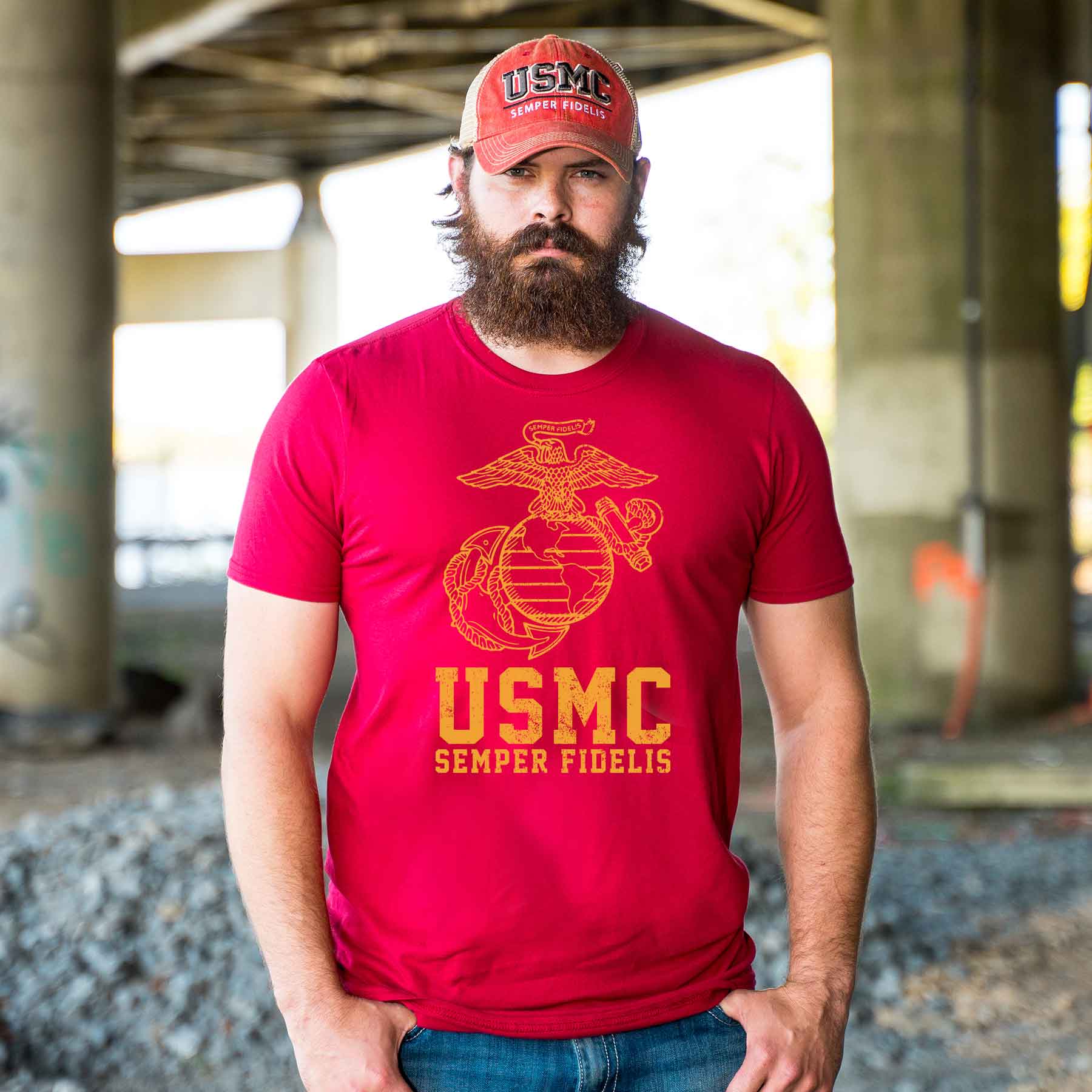 USMC Semper Fidelis T-shirt Gold on Red - Image 2
