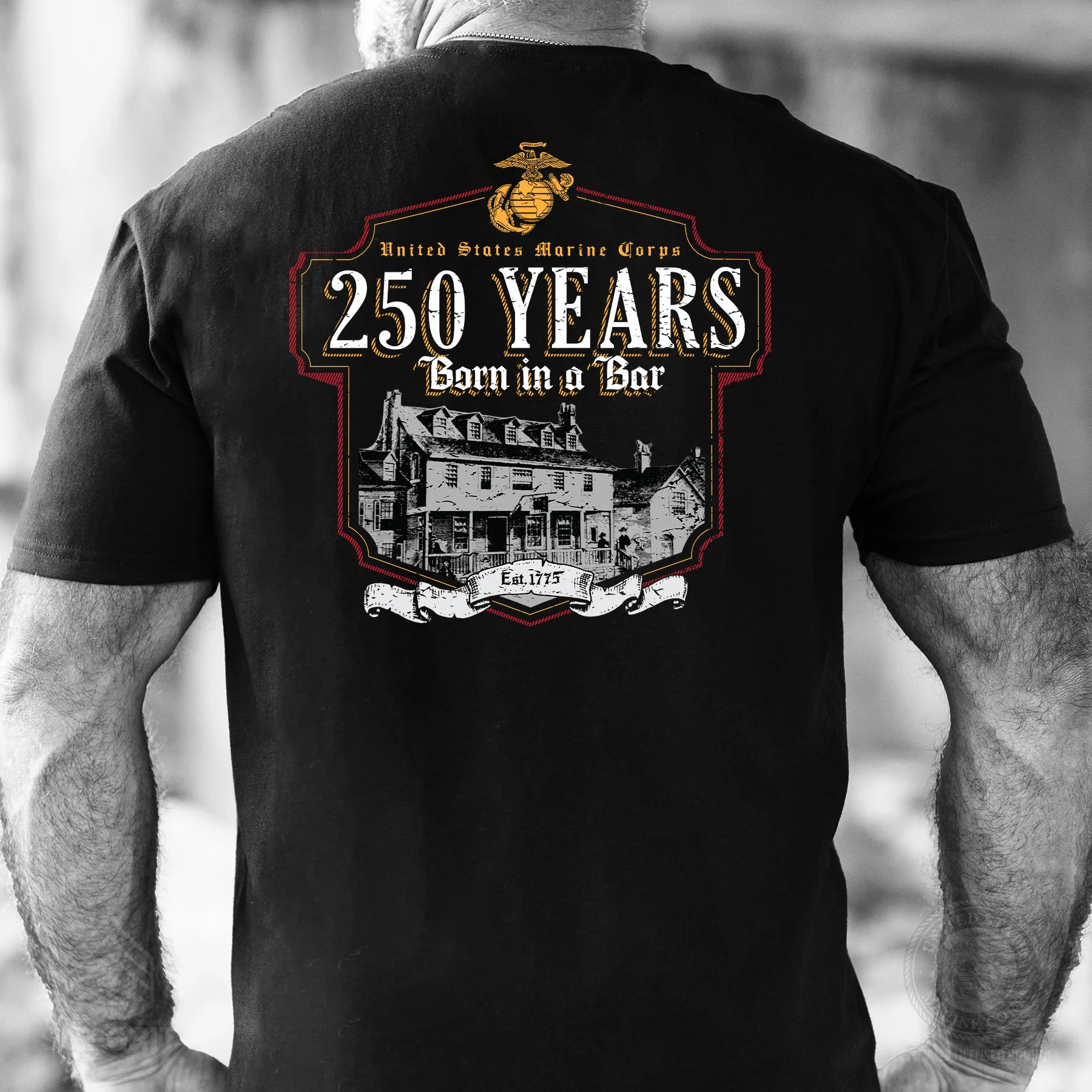 USMC Born in a Bar 250 Years T-Shirt- Back Design - Image 2