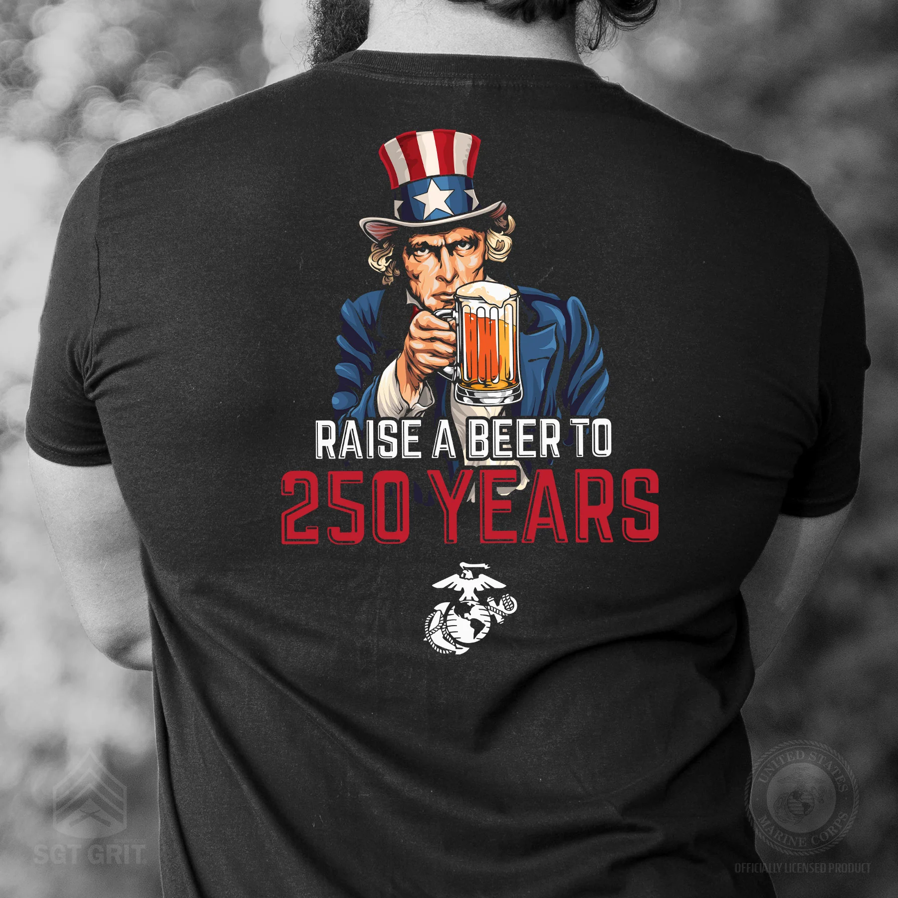USMC Raise A Beer to 250 Years T-Shirt- Back Design - Image 2