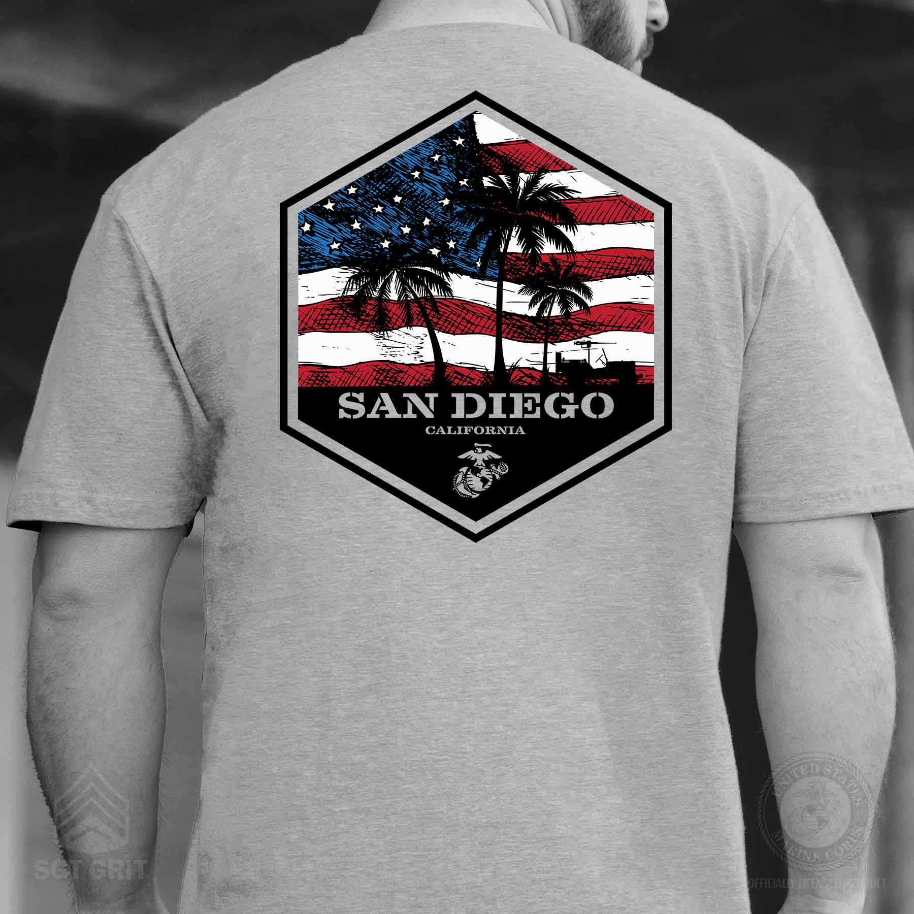 USMC Bootcamp Hexagon Back Design T-Shirt – Grey - Image 3