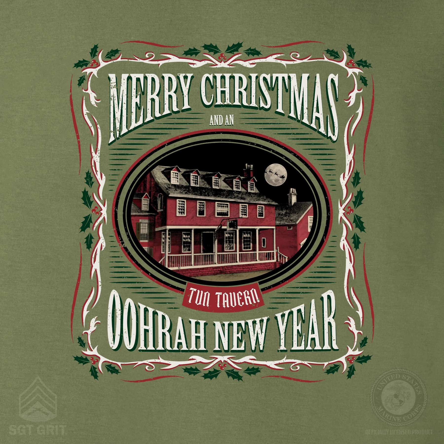 USMC Tun Tavern Christmas T-Shirt- OD Green - Image 3